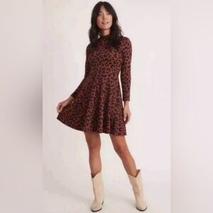Marine Layer Tyra Mock Neck Mini Dress Large Cheetah fit & flare A-line pockets